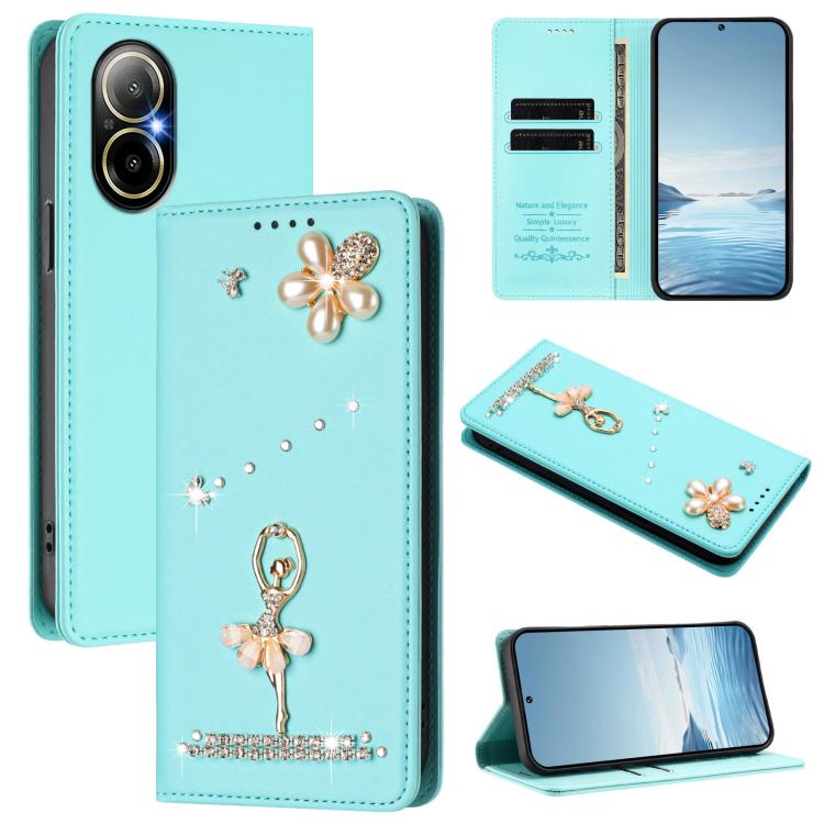 Ballet Girl Diamond Studded RFID Vegan Leather Phone Case, For Realme GT 7 Pro 5G / GT7 Pro Racing, For Realme C63 5G Global, For Realme 12 5G Global / 12x 5G Global, For Realme Note 60 4G Global, For Realme 13+ 5G Global                               ...