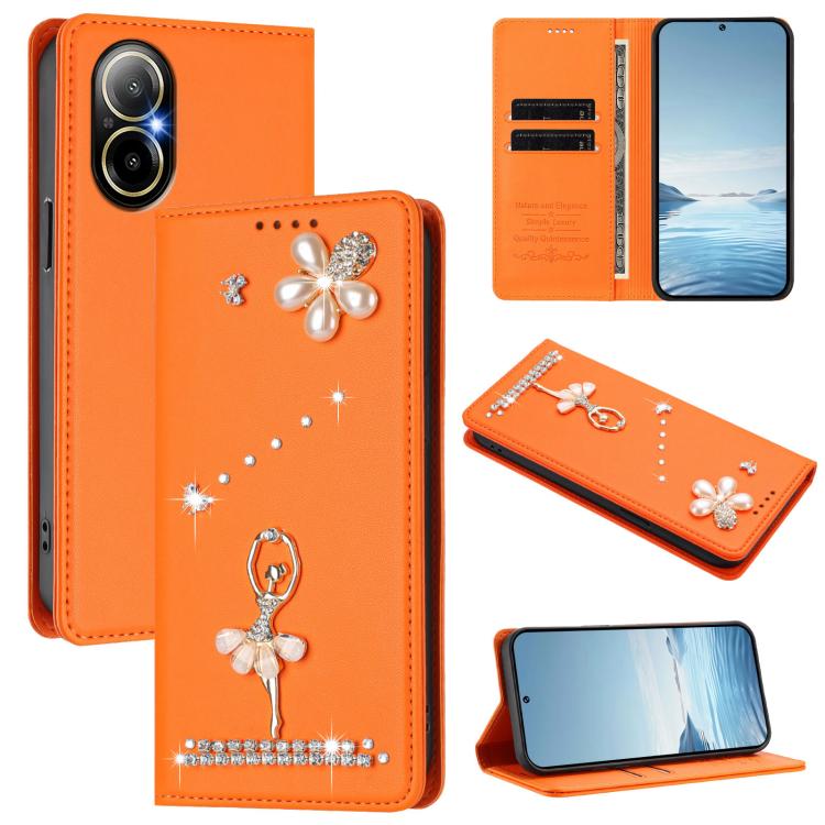 Ballet Girl Diamond Studded RFID Vegan Leather Phone Case, For Realme GT 7 Pro 5G / GT7 Pro Racing, For Realme C63 5G Global, For Realme 12 5G Global / 12x 5G Global, For Realme Note 60 4G Global, For Realme 13+ 5G Global                               ...