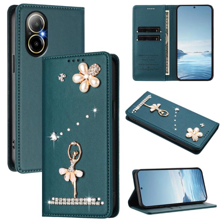 Ballet Girl Diamond Studded RFID Vegan Leather Phone Case, For Realme GT 7 Pro 5G / GT7 Pro Racing, For Realme C63 5G Global, For Realme 12 5G Global / 12x 5G Global, For Realme Note 60 4G Global, For Realme 13+ 5G Global                               ...