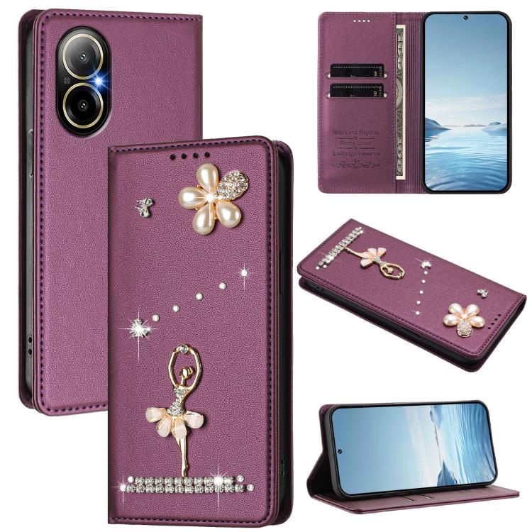Ballet Girl Diamond Studded RFID Vegan Leather Phone Case, For Realme GT 7 Pro 5G / GT7 Pro Racing, For Realme C63 5G Global, For Realme 12 5G Global / 12x 5G Global, For Realme Note 60 4G Global, For Realme 13+ 5G Global                               ...