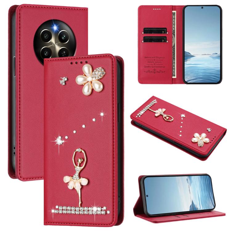 Ballet Girl Diamond Studded RFID Vegan Leather Phone Case, For Realme GT 7 Pro 5G / GT7 Pro Racing, For Realme C63 5G Global, For Realme 12 5G Global / 12x 5G Global, For Realme Note 60 4G Global, For Realme 13+ 5G Global                               ...