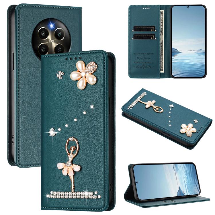 Ballet Girl Diamond Studded RFID Vegan Leather Phone Case, For Realme GT 7 Pro 5G / GT7 Pro Racing, For Realme C63 5G Global, For Realme 12 5G Global / 12x 5G Global, For Realme Note 60 4G Global, For Realme 13+ 5G Global                               ...