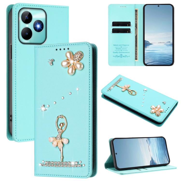 Ballet Girl Diamond Studded RFID Vegan Leather Phone Case, For Realme GT 7 Pro 5G / GT7 Pro Racing, For Realme C63 5G Global, For Realme 12 5G Global / 12x 5G Global, For Realme Note 60 4G Global, For Realme 13+ 5G Global                               ...