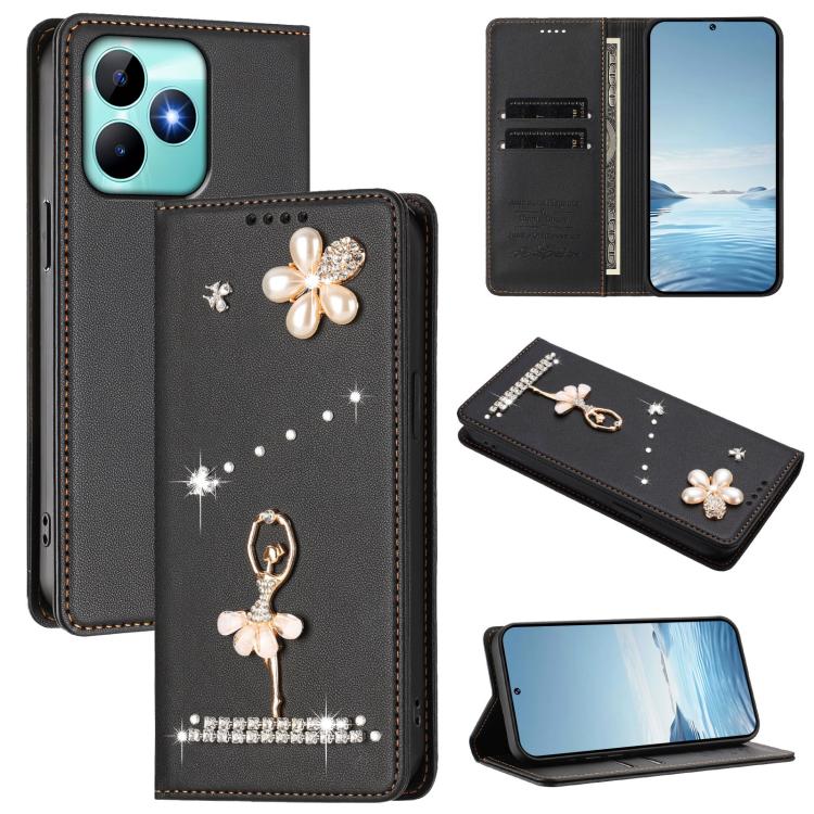 Ballet Girl Diamond Studded RFID Vegan Leather Phone Case, For Realme GT 7 Pro 5G / GT7 Pro Racing, For Realme C63 5G Global, For Realme 12 5G Global / 12x 5G Global, For Realme Note 60 4G Global, For Realme 13+ 5G Global                               ...