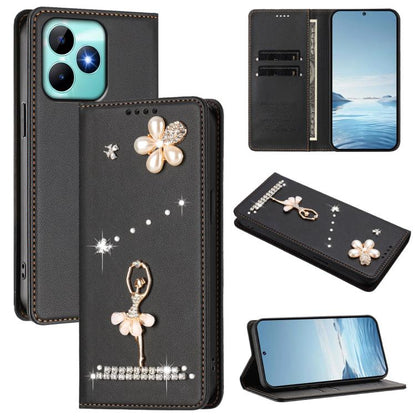 Ballet Girl Diamond Studded RFID Vegan Leather Phone Case, For Realme GT 7 Pro 5G / GT7 Pro Racing, For Realme C63 5G Global, For Realme 12 5G Global / 12x 5G Global, For Realme Note 60 4G Global, For Realme 13+ 5G Global                               ...