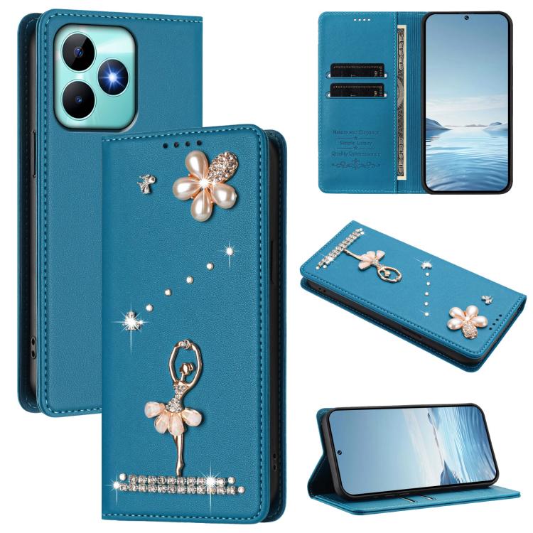 Ballet Girl Diamond Studded RFID Vegan Leather Phone Case, For Realme GT 7 Pro 5G / GT7 Pro Racing, For Realme C63 5G Global, For Realme 12 5G Global / 12x 5G Global, For Realme Note 60 4G Global, For Realme 13+ 5G Global                               ...