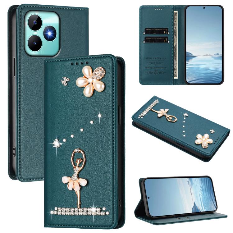 Ballet Girl Diamond Studded RFID Vegan Leather Phone Case, For Realme GT 7 Pro 5G / GT7 Pro Racing, For Realme C63 5G Global, For Realme 12 5G Global / 12x 5G Global, For Realme Note 60 4G Global, For Realme 13+ 5G Global                               ...
