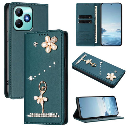 Ballet Girl Diamond Studded RFID Vegan Leather Phone Case, For Realme GT 7 Pro 5G / GT7 Pro Racing, For Realme C63 5G Global, For Realme 12 5G Global / 12x 5G Global, For Realme Note 60 4G Global, For Realme 13+ 5G Global                               ...