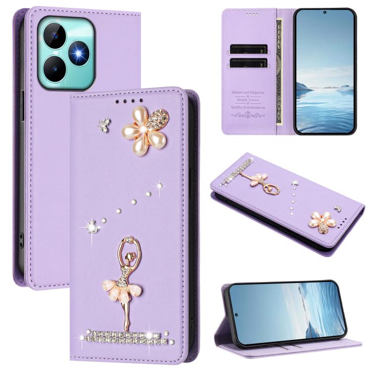 Ballet Girl Diamond Studded RFID Vegan Leather Phone Case, For Realme GT 7 Pro 5G / GT7 Pro Racing, For Realme C63 5G Global, For Realme 12 5G Global / 12x 5G Global, For Realme Note 60 4G Global, For Realme 13+ 5G Global                               ...