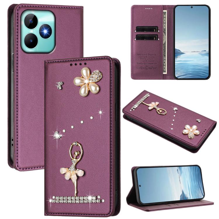 Ballet Girl Diamond Studded RFID Vegan Leather Phone Case, For Realme GT 7 Pro 5G / GT7 Pro Racing, For Realme C63 5G Global, For Realme 12 5G Global / 12x 5G Global, For Realme Note 60 4G Global, For Realme 13+ 5G Global                               ...