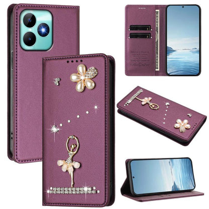 Ballet Girl Diamond Studded RFID Vegan Leather Phone Case, For Realme GT 7 Pro 5G / GT7 Pro Racing, For Realme C63 5G Global, For Realme 12 5G Global / 12x 5G Global, For Realme Note 60 4G Global, For Realme 13+ 5G Global                               ...