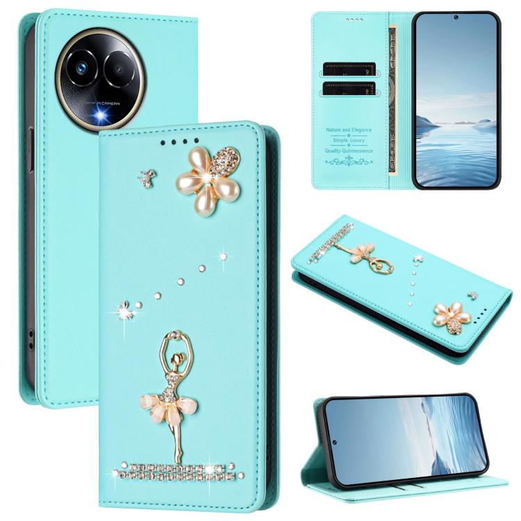 Ballet Girl Diamond Studded RFID Vegan Leather Phone Case, For Realme GT 7 Pro 5G / GT7 Pro Racing, For Realme C63 5G Global, For Realme 12 5G Global / 12x 5G Global, For Realme Note 60 4G Global, For Realme 13+ 5G Global                               ...