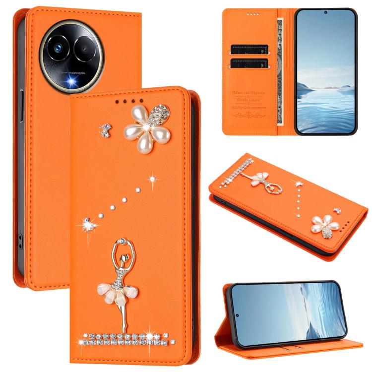 Ballet Girl Diamond Studded RFID Vegan Leather Phone Case, For Realme GT 7 Pro 5G / GT7 Pro Racing, For Realme C63 5G Global, For Realme 12 5G Global / 12x 5G Global, For Realme Note 60 4G Global, For Realme 13+ 5G Global                               ...