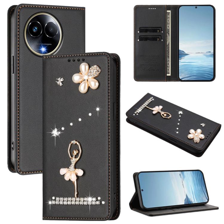 Ballet Girl Diamond Studded RFID Vegan Leather Phone Case, For Realme GT 7 Pro 5G / GT7 Pro Racing, For Realme C63 5G Global, For Realme 12 5G Global / 12x 5G Global, For Realme Note 60 4G Global, For Realme 13+ 5G Global                               ...