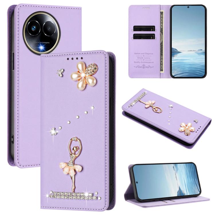 Ballet Girl Diamond Studded RFID Vegan Leather Phone Case, For Realme GT 7 Pro 5G / GT7 Pro Racing, For Realme C63 5G Global, For Realme 12 5G Global / 12x 5G Global, For Realme Note 60 4G Global, For Realme 13+ 5G Global                               ...