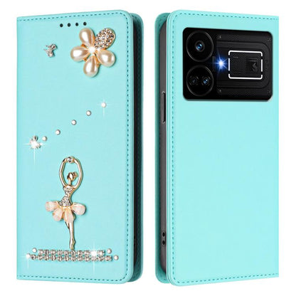 Ballet Girl Diamond Studded RFID Vegan Leather Phone Case, For Realme GT5 240W 5G / GT5 5G, For Realme Narzo 60 Pro Global, For Realme C65 4G Global, For Realme C55 4G Global / Narzo N55, For Realme C33 2023 / C33, For Realme 10T 5G / 10s 5G / 9i      ...