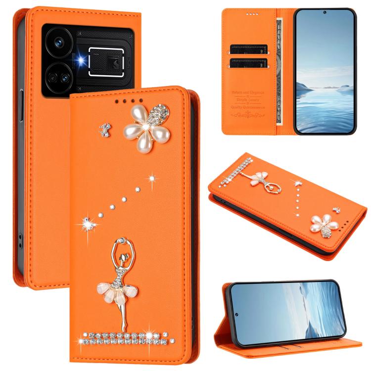 Ballet Girl Diamond Studded RFID Vegan Leather Phone Case, For Realme GT5 240W 5G / GT5 5G, For Realme Narzo 60 Pro Global, For Realme C65 4G Global, For Realme C55 4G Global / Narzo N55, For Realme C33 2023 / C33, For Realme 10T 5G / 10s 5G / 9i      ...