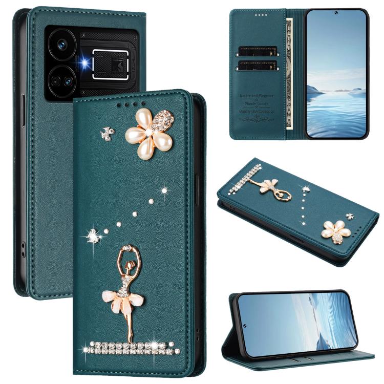 Ballet Girl Diamond Studded RFID Vegan Leather Phone Case, For Realme GT5 240W 5G / GT5 5G, For Realme Narzo 60 Pro Global, For Realme C65 4G Global, For Realme C55 4G Global / Narzo N55, For Realme C33 2023 / C33, For Realme 10T 5G / 10s 5G / 9i      ...