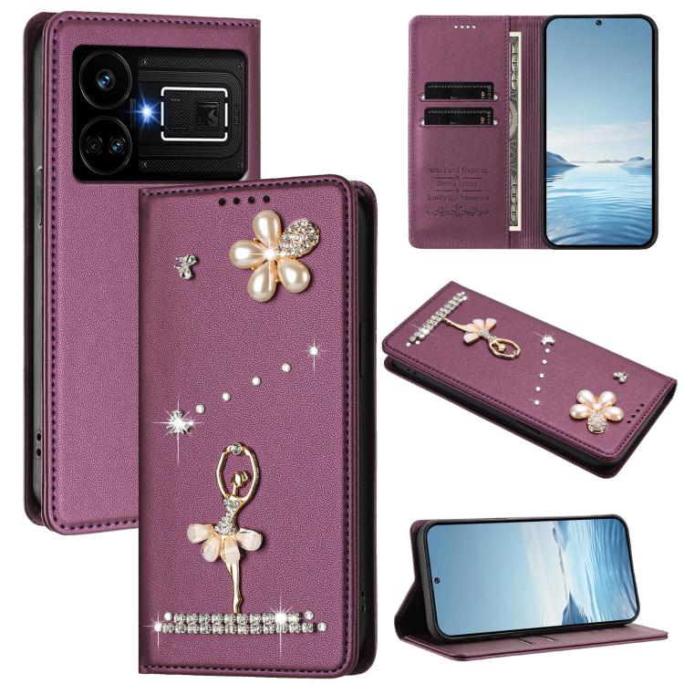 Ballet Girl Diamond Studded RFID Vegan Leather Phone Case, For Realme GT5 240W 5G / GT5 5G, For Realme Narzo 60 Pro Global, For Realme C65 4G Global, For Realme C55 4G Global / Narzo N55, For Realme C33 2023 / C33, For Realme 10T 5G / 10s 5G / 9i      ...