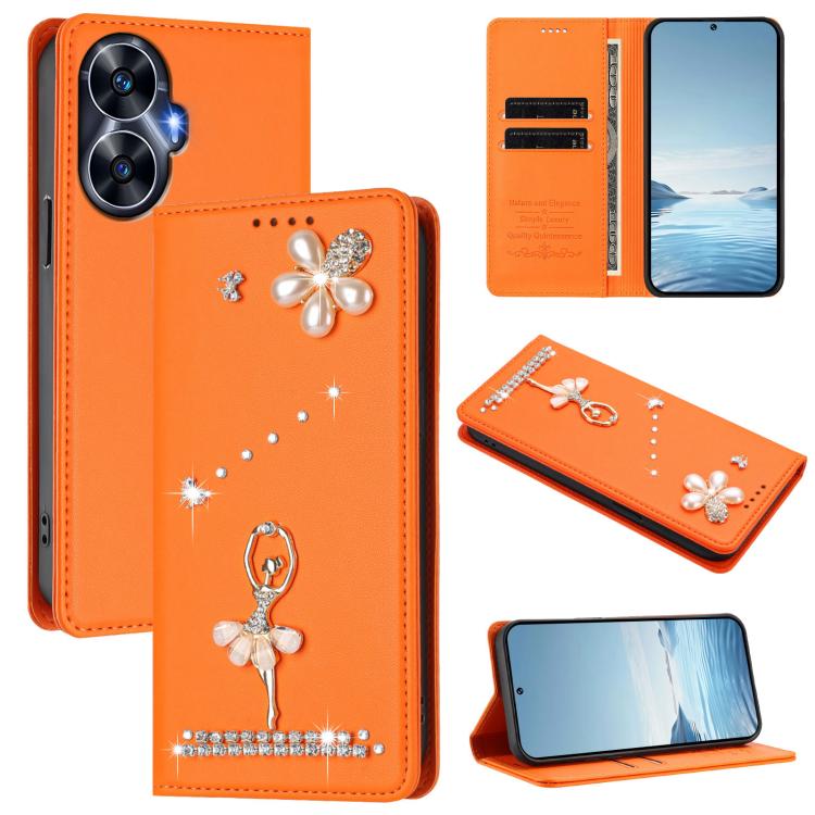 Ballet Girl Diamond Studded RFID Vegan Leather Phone Case, For Realme GT5 240W 5G / GT5 5G, For Realme Narzo 60 Pro Global, For Realme C65 4G Global, For Realme C55 4G Global / Narzo N55, For Realme C33 2023 / C33, For Realme 10T 5G / 10s 5G / 9i      ...