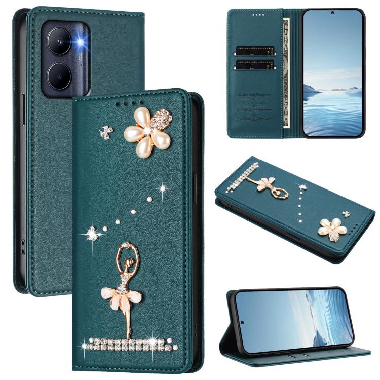 Ballet Girl Diamond Studded RFID Vegan Leather Phone Case, For Realme GT5 240W 5G / GT5 5G, For Realme Narzo 60 Pro Global, For Realme C65 4G Global, For Realme C55 4G Global / Narzo N55, For Realme C33 2023 / C33, For Realme 10T 5G / 10s 5G / 9i      ...