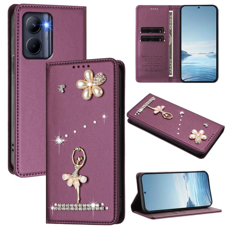 Ballet Girl Diamond Studded RFID Vegan Leather Phone Case, For Realme GT5 240W 5G / GT5 5G, For Realme Narzo 60 Pro Global, For Realme C65 4G Global, For Realme C55 4G Global / Narzo N55, For Realme C33 2023 / C33, For Realme 10T 5G / 10s 5G / 9i      ...