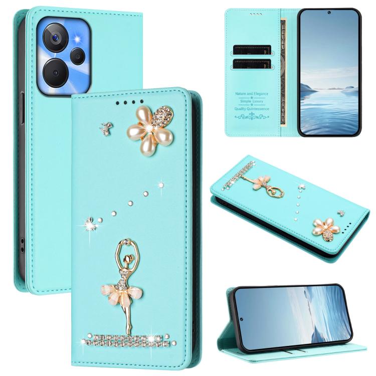 Ballet Girl Diamond Studded RFID Vegan Leather Phone Case, For Realme GT5 240W 5G / GT5 5G, For Realme Narzo 60 Pro Global, For Realme C65 4G Global, For Realme C55 4G Global / Narzo N55, For Realme C33 2023 / C33, For Realme 10T 5G / 10s 5G / 9i      ...