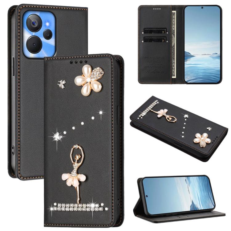 Ballet Girl Diamond Studded RFID Vegan Leather Phone Case, For Realme GT5 240W 5G / GT5 5G, For Realme Narzo 60 Pro Global, For Realme C65 4G Global, For Realme C55 4G Global / Narzo N55, For Realme C33 2023 / C33, For Realme 10T 5G / 10s 5G / 9i      ...