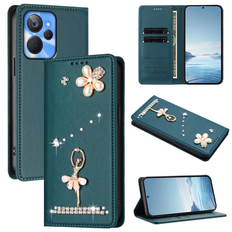 Ballet Girl Diamond Studded RFID Vegan Leather Phone Case, For Realme GT5 240W 5G / GT5 5G, For Realme Narzo 60 Pro Global, For Realme C65 4G Global, For Realme C55 4G Global / Narzo N55, For Realme C33 2023 / C33, For Realme 10T 5G / 10s 5G / 9i      ...