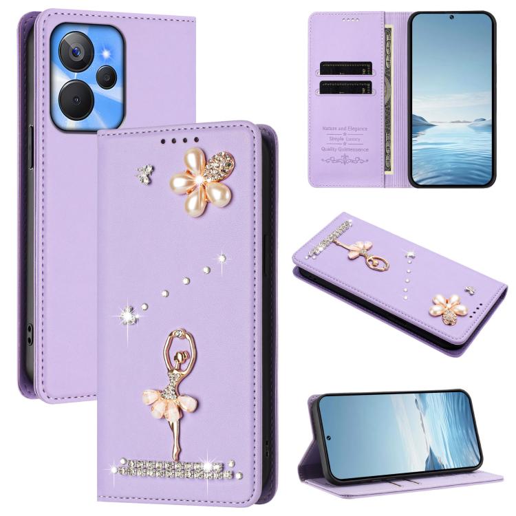 Ballet Girl Diamond Studded RFID Vegan Leather Phone Case, For Realme GT5 240W 5G / GT5 5G, For Realme Narzo 60 Pro Global, For Realme C65 4G Global, For Realme C55 4G Global / Narzo N55, For Realme C33 2023 / C33, For Realme 10T 5G / 10s 5G / 9i      ...