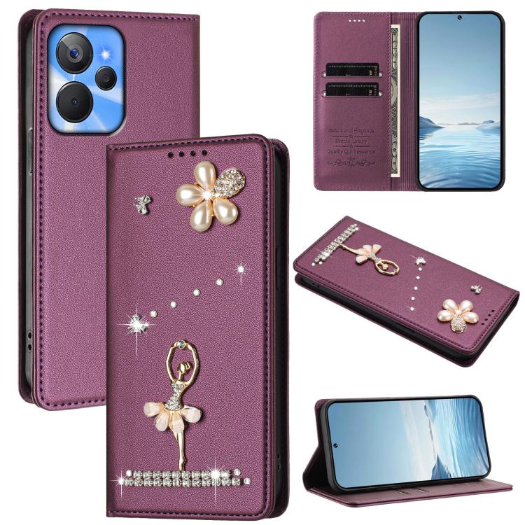 Ballet Girl Diamond Studded RFID Vegan Leather Phone Case, For Realme GT5 240W 5G / GT5 5G, For Realme Narzo 60 Pro Global, For Realme C65 4G Global, For Realme C55 4G Global / Narzo N55, For Realme C33 2023 / C33, For Realme 10T 5G / 10s 5G / 9i      ...