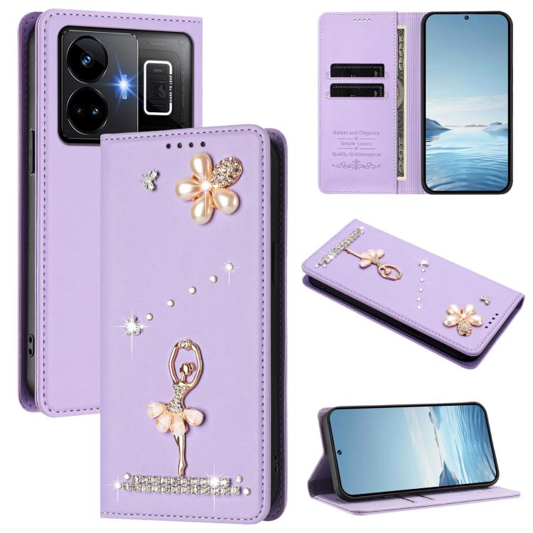 Ballet Girl Diamond Studded RFID Vegan Leather Phone Case, For Realme GT5 240W 5G / GT5 5G, For Realme Narzo 60 Pro Global, For Realme C65 4G Global, For Realme C55 4G Global / Narzo N55, For Realme C33 2023 / C33, For Realme 10T 5G / 10s 5G / 9i      ...