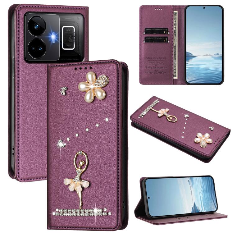 Ballet Girl Diamond Studded RFID Vegan Leather Phone Case, For Realme GT5 240W 5G / GT5 5G, For Realme Narzo 60 Pro Global, For Realme C65 4G Global, For Realme C55 4G Global / Narzo N55, For Realme C33 2023 / C33, For Realme 10T 5G / 10s 5G / 9i      ...