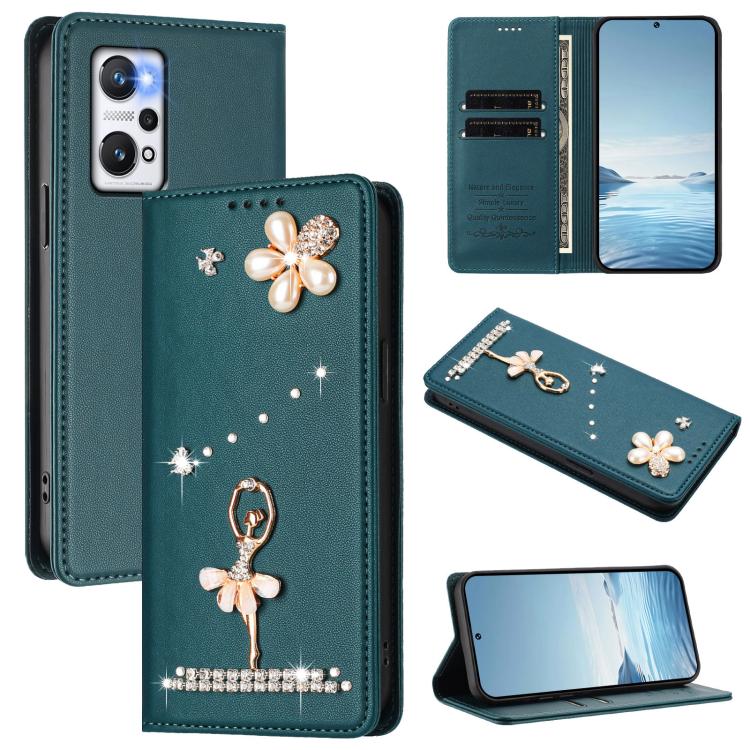 Ballet Girl Diamond Studded RFID Vegan Leather Phone Case, For Realme GT5 240W 5G / GT5 5G, For Realme Narzo 60 Pro Global, For Realme C65 4G Global, For Realme C55 4G Global / Narzo N55, For Realme C33 2023 / C33, For Realme 10T 5G / 10s 5G / 9i      ...