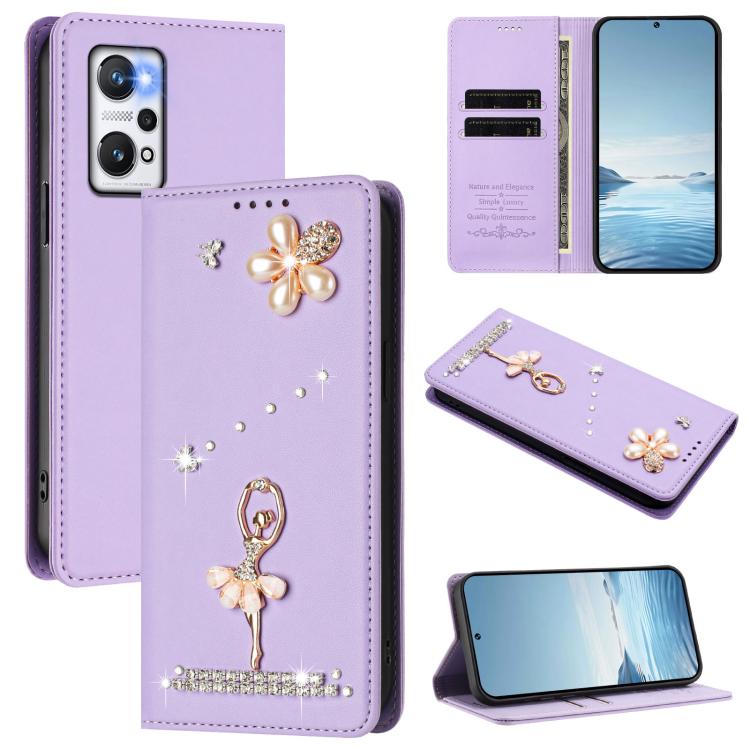 Ballet Girl Diamond Studded RFID Vegan Leather Phone Case, For Realme GT5 240W 5G / GT5 5G, For Realme Narzo 60 Pro Global, For Realme C65 4G Global, For Realme C55 4G Global / Narzo N55, For Realme C33 2023 / C33, For Realme 10T 5G / 10s 5G / 9i      ...