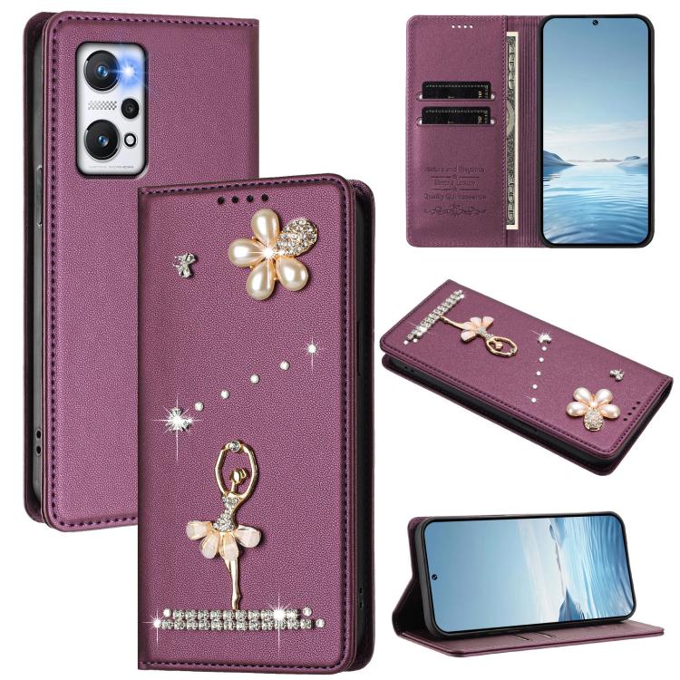 Ballet Girl Diamond Studded RFID Vegan Leather Phone Case, For Realme GT5 240W 5G / GT5 5G, For Realme Narzo 60 Pro Global, For Realme C65 4G Global, For Realme C55 4G Global / Narzo N55, For Realme C33 2023 / C33, For Realme 10T 5G / 10s 5G / 9i      ...