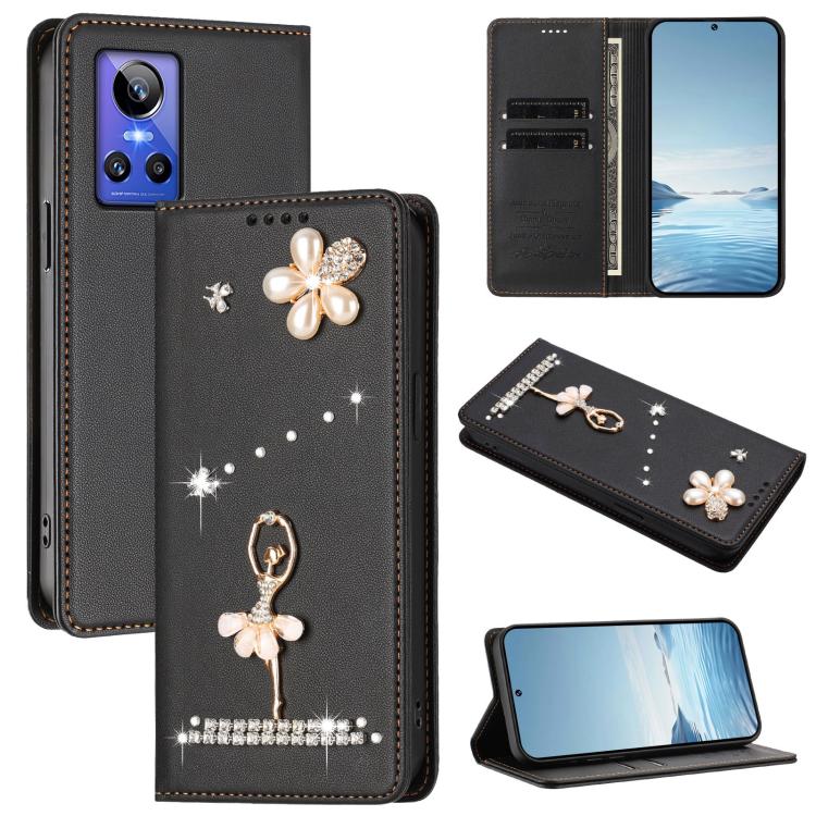 Ballet Girl Diamond Studded RFID Vegan Leather Phone Case, For Realme GT5 240W 5G / GT5 5G, For Realme Narzo 60 Pro Global, For Realme C65 4G Global, For Realme C55 4G Global / Narzo N55, For Realme C33 2023 / C33, For Realme 10T 5G / 10s 5G / 9i      ...