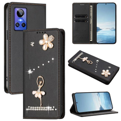 Ballet Girl Diamond Studded RFID Vegan Leather Phone Case, For Realme GT5 240W 5G / GT5 5G, For Realme Narzo 60 Pro Global, For Realme C65 4G Global, For Realme C55 4G Global / Narzo N55, For Realme C33 2023 / C33, For Realme 10T 5G / 10s 5G / 9i      ...