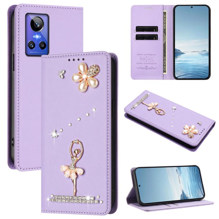 Ballet Girl Diamond Studded RFID Vegan Leather Phone Case, For Realme GT5 240W 5G / GT5 5G, For Realme Narzo 60 Pro Global, For Realme C65 4G Global, For Realme C55 4G Global / Narzo N55, For Realme C33 2023 / C33, For Realme 10T 5G / 10s 5G / 9i      ...