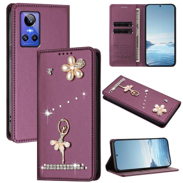 Ballet Girl Diamond Studded RFID Vegan Leather Phone Case, For Realme GT5 240W 5G / GT5 5G, For Realme Narzo 60 Pro Global, For Realme C65 4G Global, For Realme C55 4G Global / Narzo N55, For Realme C33 2023 / C33, For Realme 10T 5G / 10s 5G / 9i      ...