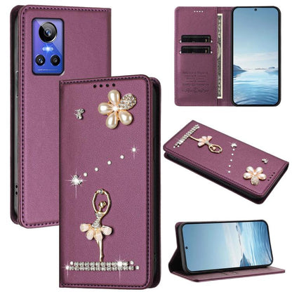 Ballet Girl Diamond Studded RFID Vegan Leather Phone Case, For Realme GT5 240W 5G / GT5 5G, For Realme Narzo 60 Pro Global, For Realme C65 4G Global, For Realme C55 4G Global / Narzo N55, For Realme C33 2023 / C33, For Realme 10T 5G / 10s 5G / 9i      ...