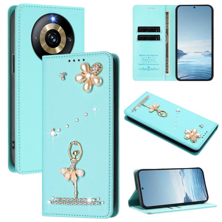 Ballet Girl Diamond Studded RFID Vegan Leather Phone Case, For Realme GT5 240W 5G / GT5 5G, For Realme Narzo 60 Pro Global, For Realme C65 4G Global, For Realme C55 4G Global / Narzo N55, For Realme C33 2023 / C33, For Realme 10T 5G / 10s 5G / 9i      ...
