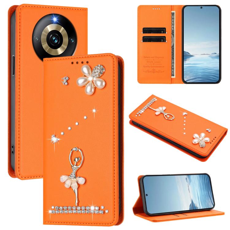 Ballet Girl Diamond Studded RFID Vegan Leather Phone Case, For Realme GT5 240W 5G / GT5 5G, For Realme Narzo 60 Pro Global, For Realme C65 4G Global, For Realme C55 4G Global / Narzo N55, For Realme C33 2023 / C33, For Realme 10T 5G / 10s 5G / 9i      ...