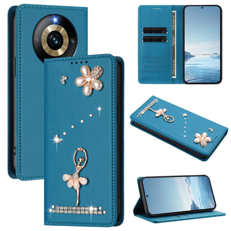 Ballet Girl Diamond Studded RFID Vegan Leather Phone Case, For Realme GT5 240W 5G / GT5 5G, For Realme Narzo 60 Pro Global, For Realme C65 4G Global, For Realme C55 4G Global / Narzo N55, For Realme C33 2023 / C33, For Realme 10T 5G / 10s 5G / 9i      ...