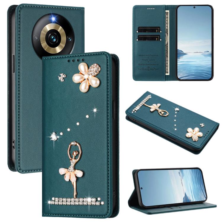 Ballet Girl Diamond Studded RFID Vegan Leather Phone Case, For Realme GT5 240W 5G / GT5 5G, For Realme Narzo 60 Pro Global, For Realme C65 4G Global, For Realme C55 4G Global / Narzo N55, For Realme C33 2023 / C33, For Realme 10T 5G / 10s 5G / 9i      ...
