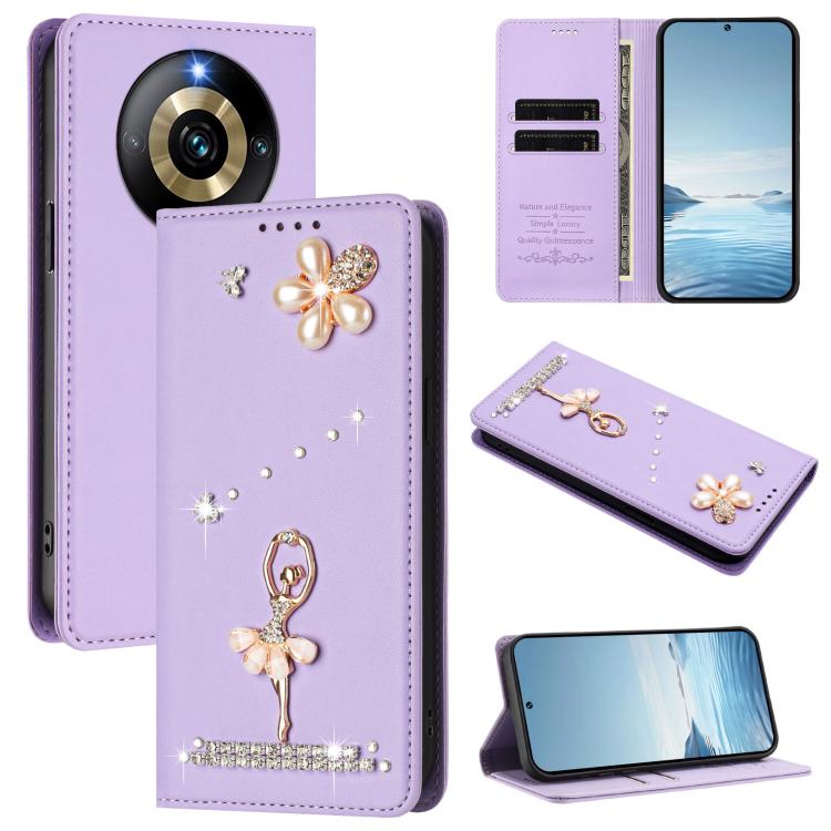 Ballet Girl Diamond Studded RFID Vegan Leather Phone Case, For Realme GT5 240W 5G / GT5 5G, For Realme Narzo 60 Pro Global, For Realme C65 4G Global, For Realme C55 4G Global / Narzo N55, For Realme C33 2023 / C33, For Realme 10T 5G / 10s 5G / 9i      ...
