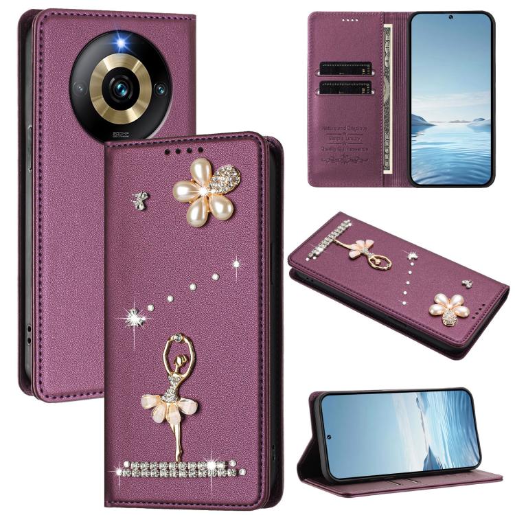 Ballet Girl Diamond Studded RFID Vegan Leather Phone Case, For Realme GT5 240W 5G / GT5 5G, For Realme Narzo 60 Pro Global, For Realme C65 4G Global, For Realme C55 4G Global / Narzo N55, For Realme C33 2023 / C33, For Realme 10T 5G / 10s 5G / 9i      ...