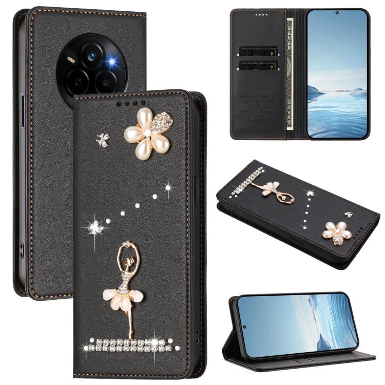 Ballet Girl Diamond Studded RFID Vegan Leather Phone Case, For Realme C71 4G Global, For Realme GT 7 5G Global, For Realme V70 5G / C75 5G, For Realme Narzo 80 Pro / 14 Pro 5G India, For Realme C75 4G Global / P3x 5G, For Realme Narzo 80x              ...