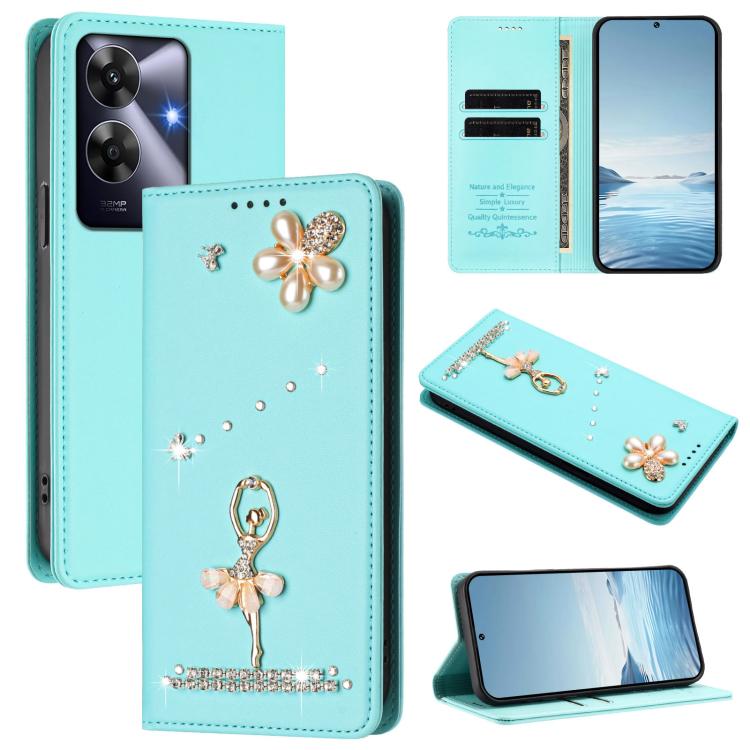 Ballet Girl Diamond Studded RFID Vegan Leather Phone Case, For Realme GT 7 Pro 5G / GT7 Pro Racing, For Realme C63 5G Global, For Realme 12 5G Global / 12x 5G Global, For Realme Note 60 4G Global, For Realme 13+ 5G Global                               ...