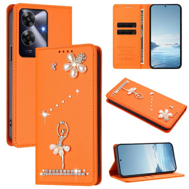 Ballet Girl Diamond Studded RFID Vegan Leather Phone Case, For Realme GT 7 Pro 5G / GT7 Pro Racing, For Realme C63 5G Global, For Realme 12 5G Global / 12x 5G Global, For Realme Note 60 4G Global, For Realme 13+ 5G Global                               ...